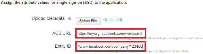 Screen capture of PingOne for Enterprise SSO attribute values with the URLs for the ACS URL field and Entity ID field highlighted in red.