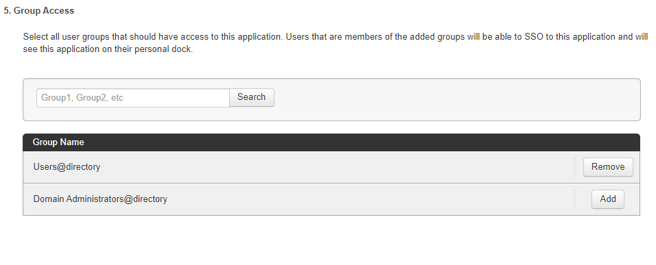 Screen capture of PingOne for Enterprise Group Access page with search bar for finding distinct groups.