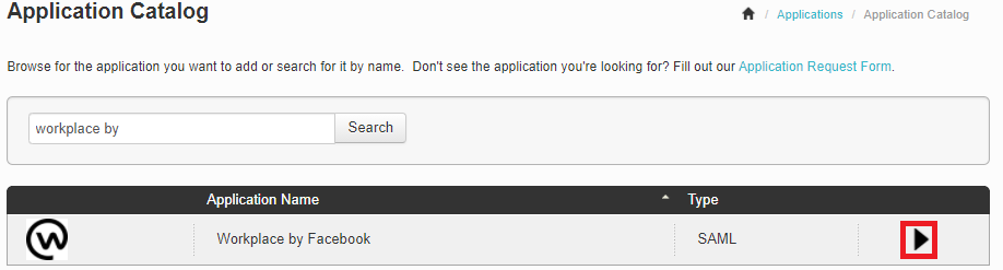Screen capture of PingOne for Enterprise Application Catalog. The table lists the Application Name as Workplace by Facebook, the Type as SAML, and the expand right arrow icon is highlighted in red.