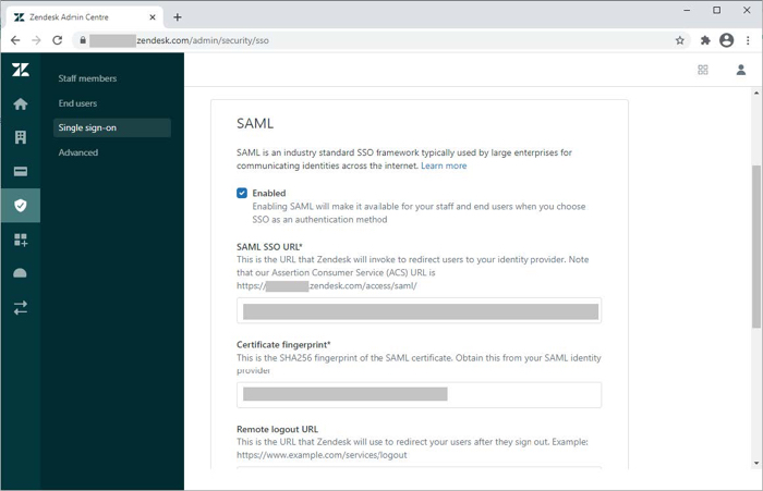 The SAML configuration page. The introduction sentence is SAML is an industry standard SSO framework typically used by large enterprises for communicating identities across the internet. There are fields for Enabled, which is a selected checkbox, SAML SSO URL, Certificate fingerprint*, and the Remote logout URL.