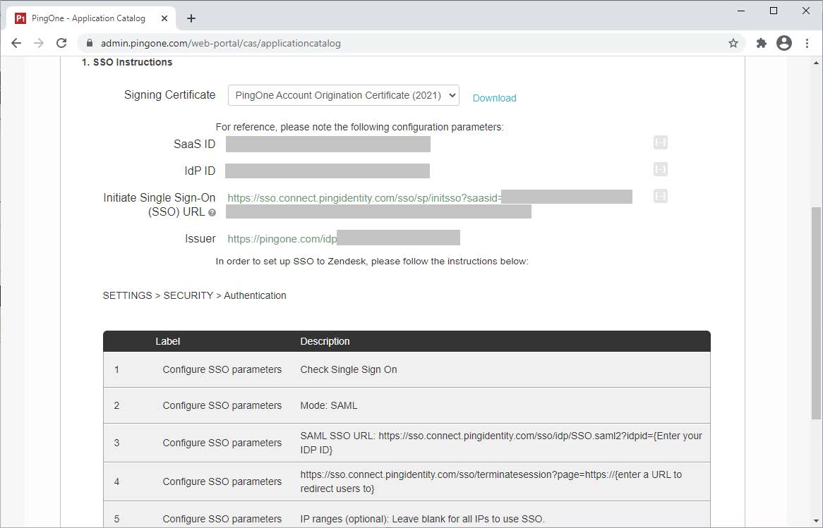 A screen capture of the 1. SSO Instructions section. There are fields for Signing Certificate and the Download option, Saas ID, IdP ID, Initiate Single Sign-On (SSO) URL, and Issuer.