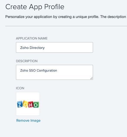 Screen capture of PingOne Create App Profile section with Zoho information filled in.