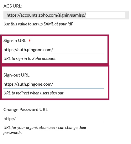 Screen capture of Zoho Sign-in URL and Sign-out URL highlighted in red.