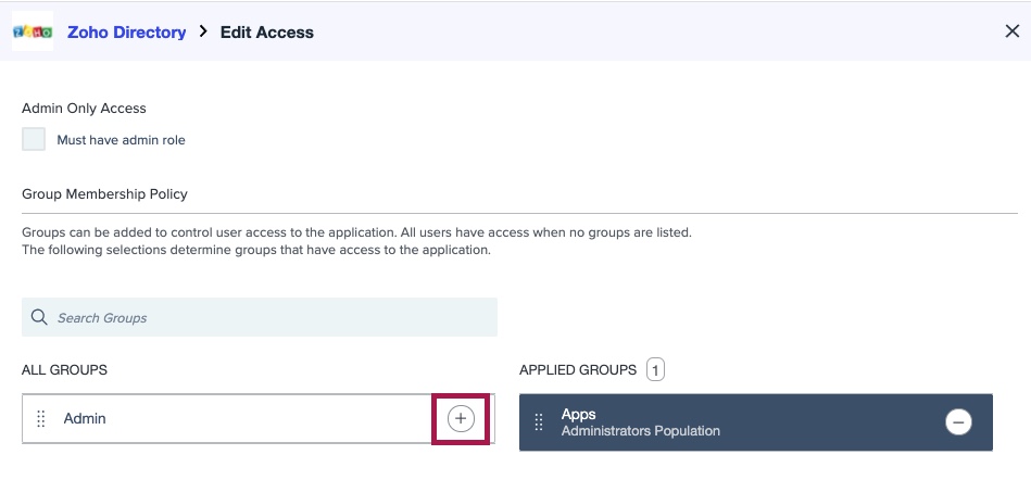 Screen capture of Zoho Directory edit access section with the plus icon next to Admin highlighted in red.