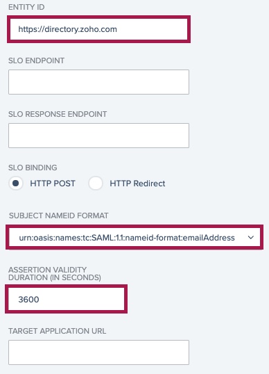 Screen capture of PingOne SP data with values for Zoho entity ID, subject nameID format, and assertion validity highlighted in red.