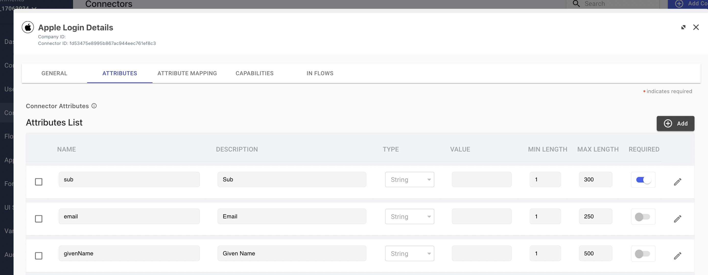 A screen capture of the Apple Login connector attributes list.