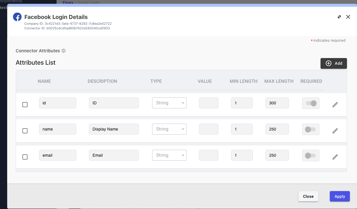 A screen capture of the Facebook Login connector attributes list.