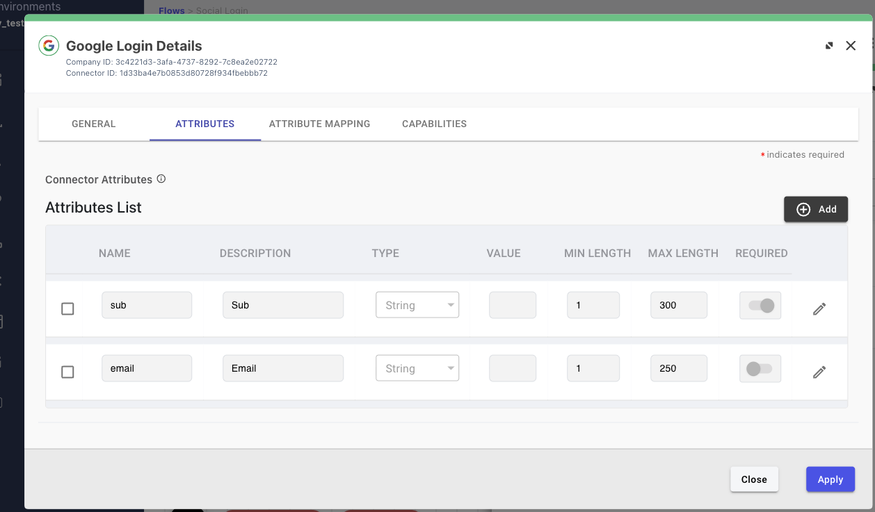 A screen capture of the Google Login connector attributes list.
