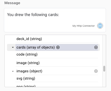 A screen capture that shows the user inserting the cards variable in the Message field.