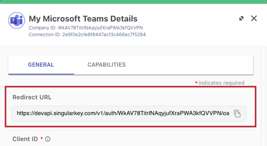 A screen capture of the Redirect URL on the Microsoft Teams connector settings window.