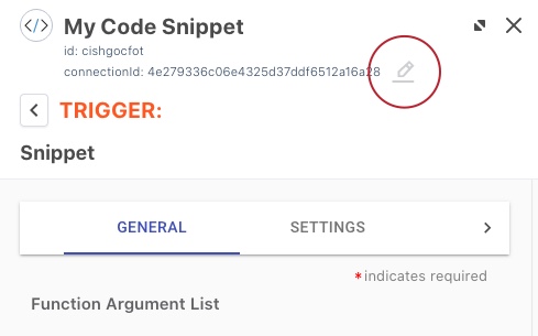 A screen capture of the Code Snippet settings, showing the Edit button.