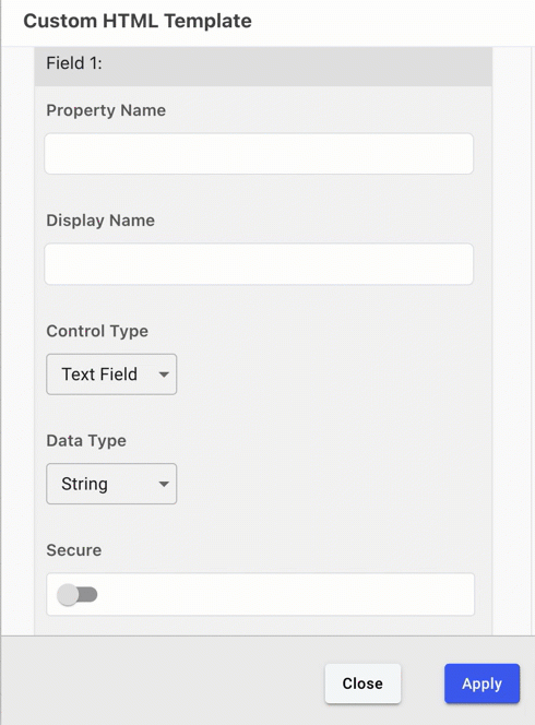 A GIF depicting a user entering the Property Name and Display name, then switching on the Secure toggle.