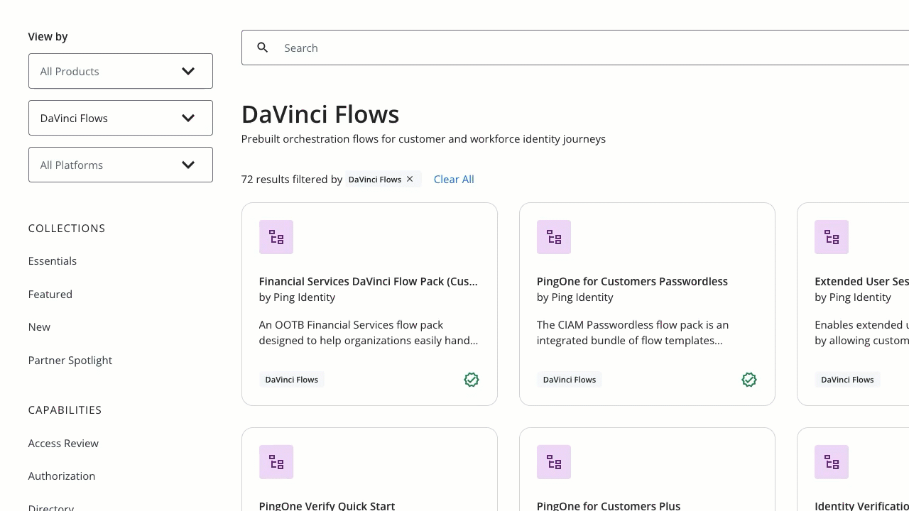 A screen recording of the Integration Directory search area, with the user searching for flows that use PingOne Protect.