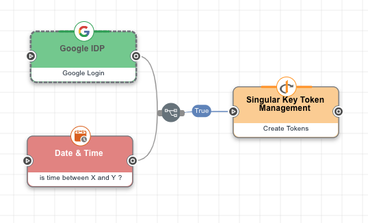 A screen capture shows a Google IdP node and a Date & Time node, both connected to a Token Management node with an 