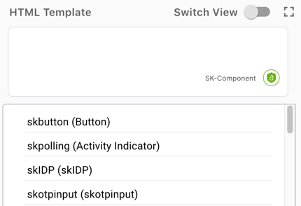 Screenshot showing the HTML Template field with a list of available SK-Components.