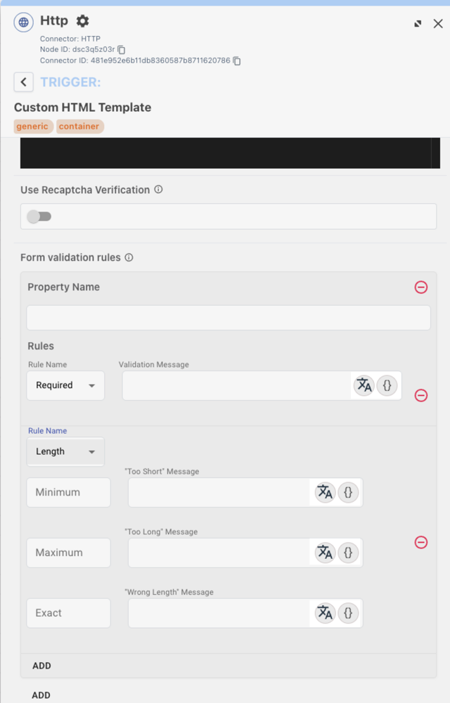 A screenshot of the Custom HTML Template node settings showing where to add localization keys for validation rules.
