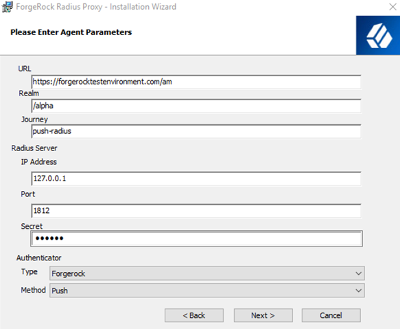 radius proxy agent parameters screen