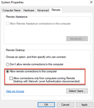 remote desktop system protection settings