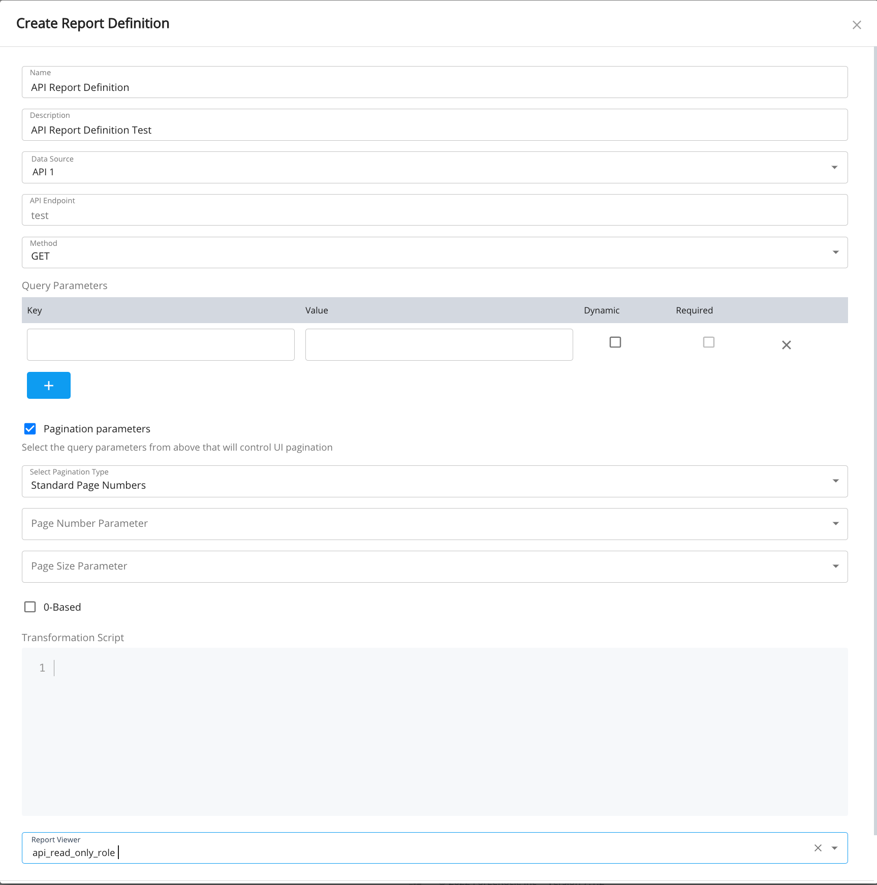 Create report definition for API data source