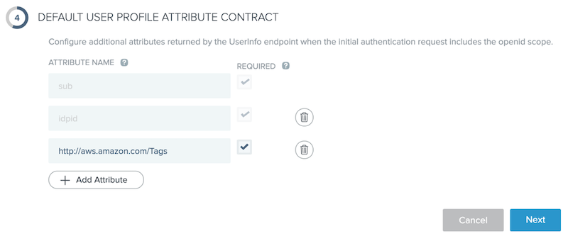 This screen capture shows the Default User Profile Attribute Contract section with the AWS tag entered as an attribute.