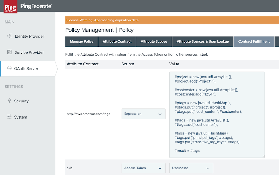 Screen capture of the Contract Fulfillment tab showing the appropriate values in the Attribute Contract, Source and value columns.