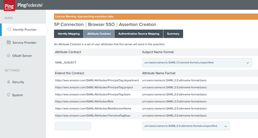 This screen capture shows the Attribute Contract tab with the example AWS IAM PrincipalTag and TransitiveTagKeys attributes.