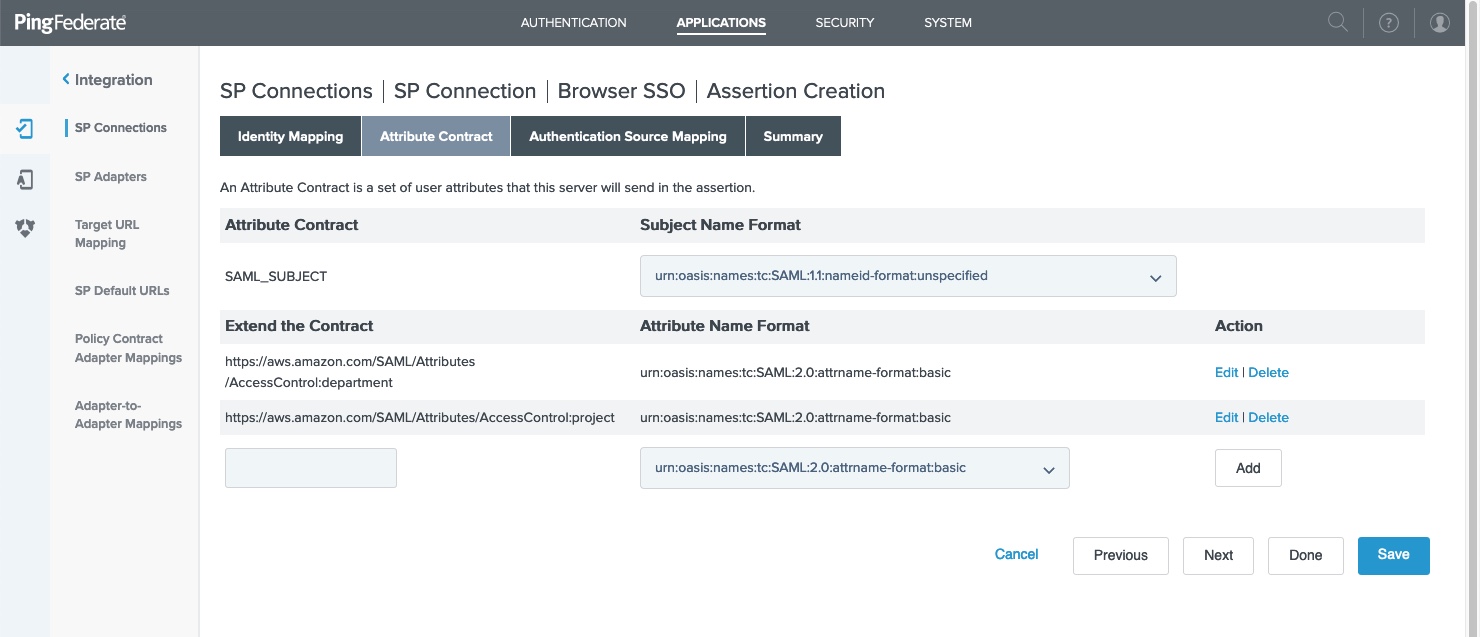 This screen capture shows the Attribute Contract tab with several example AWS SSO access control attributes.