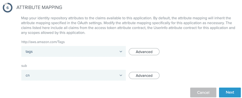 This screen capture shows the Attribute Mapping section with the newly-created AWS attribute mapped to the external identity provider attribute.