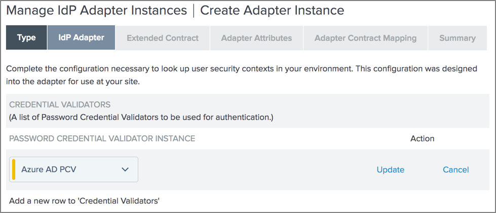 Screen capture showing the IdP Adapter tab with the Azure AD PCV selected as the PCV instance.