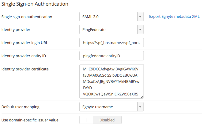 An image of a Single Sign-On Authentication sample configuration in Egnyte.