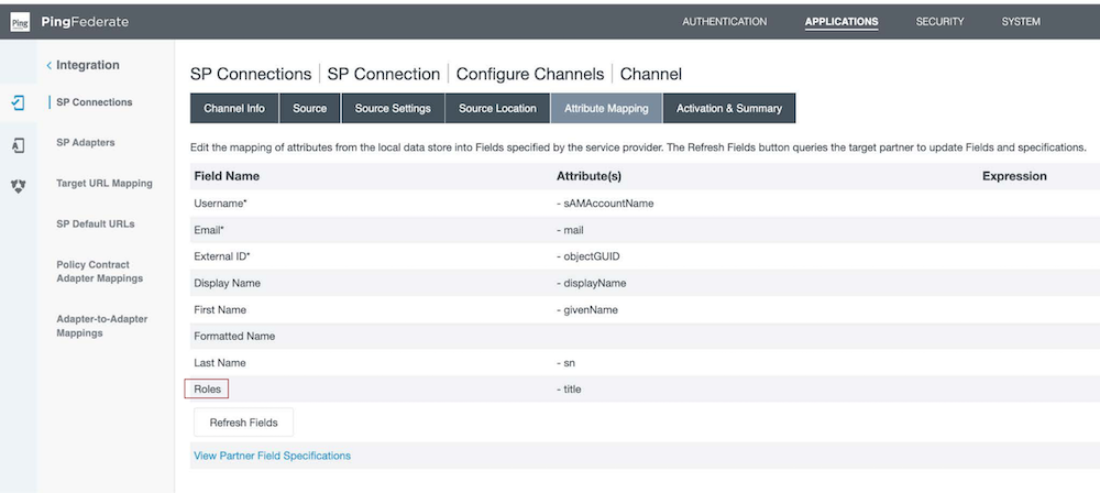 Screen capture of the Attribute Mapping tab, with the Roles field name highlighted.