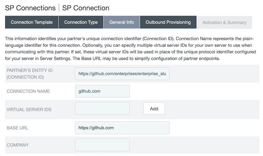 Screen capture of the General Info tab with the Partner’s Entity ID, Connection Name, and Base URL fields populated.