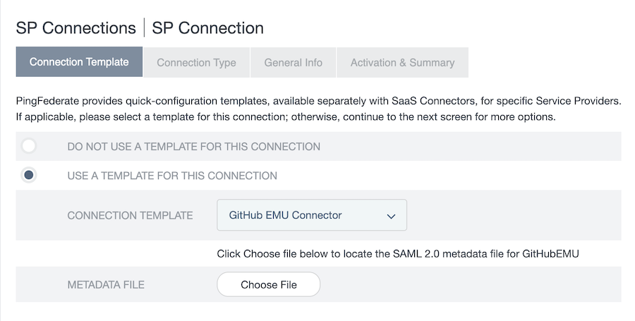 Screen capture of the connection template tab showing the Use a Template for This Connection option selected and the GitHub EMU Connector selected in the Connection Template field.