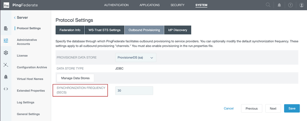 Screen capture of the Outbound Provisioning tab of the Protocol Settings page with the Synchronization Frequency field highlighted.