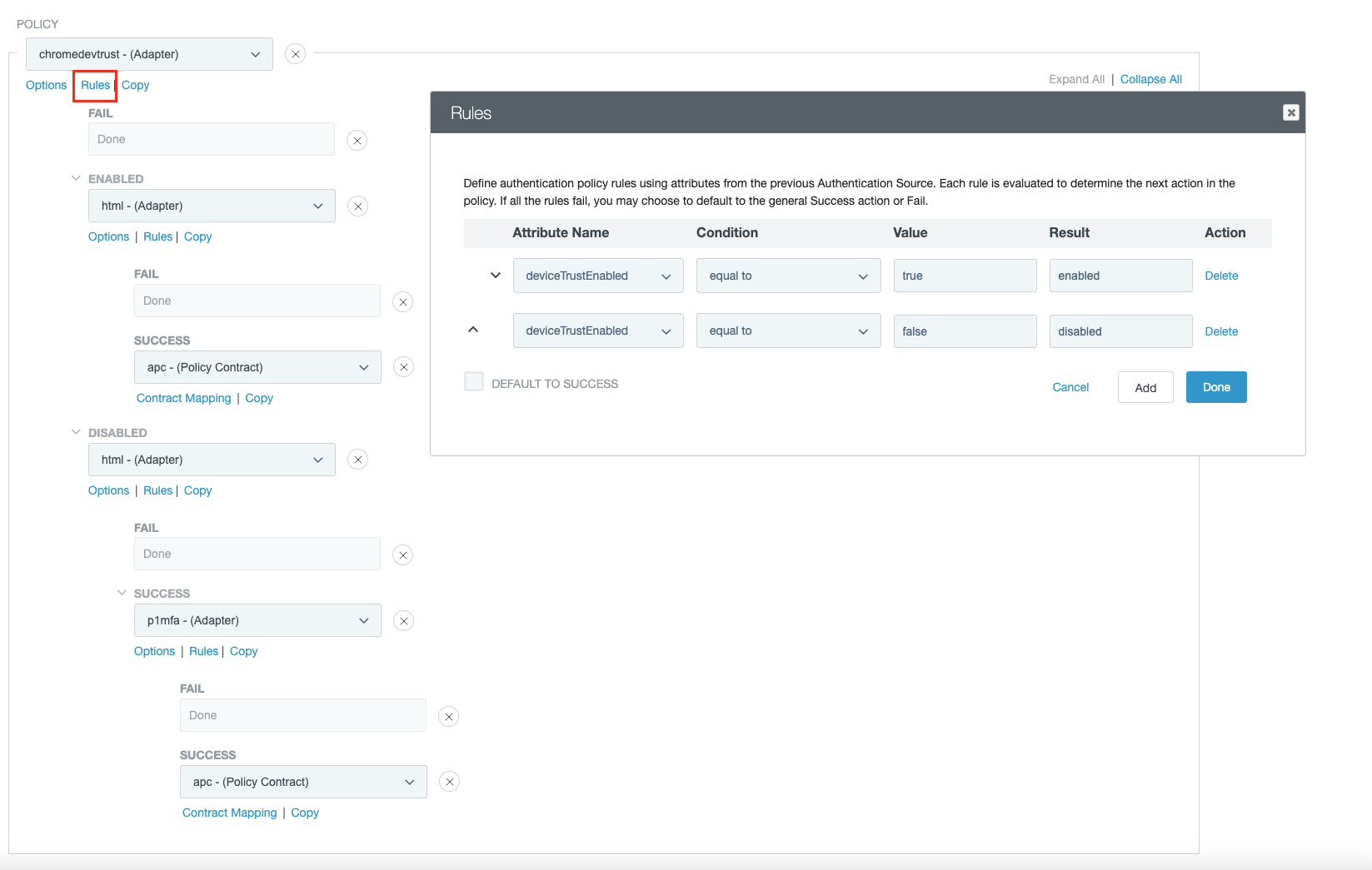 A screen capture showing the Policy tree in the PingFederate admin console.