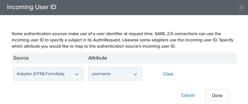 Screen capture of the Incoming User ID section with the HTML form adapter as the source and username as the attribute.