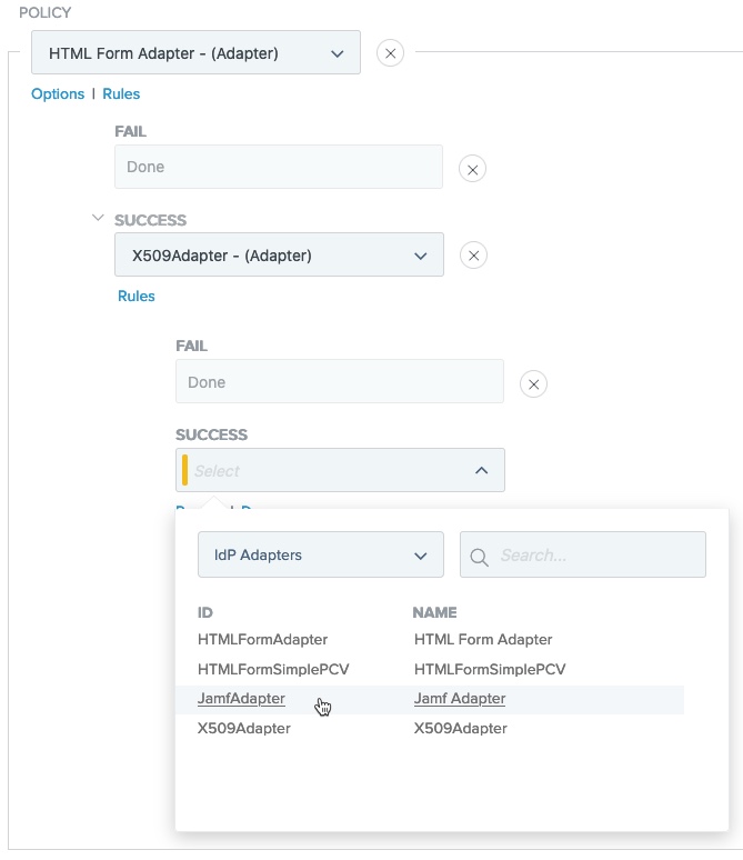 Adding the Jamf IdP Adapter to the authentication policy.