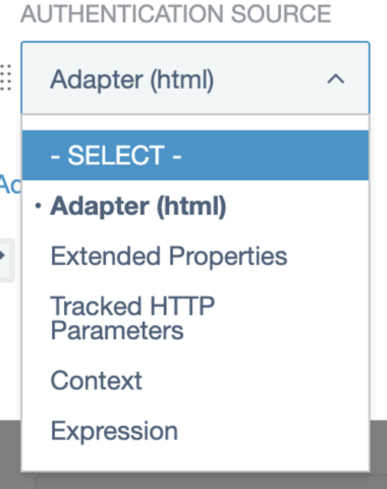 Screen capture of the Authentication Source list with Tracked HTTP Parameters as an option.