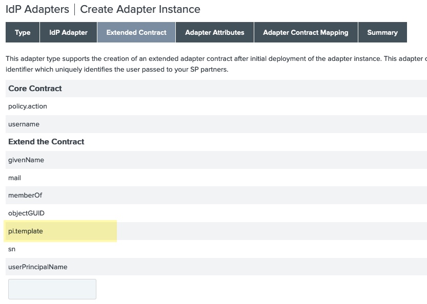 This screenshot shows the Extended Contract tab of the HTML Form Adapter instance configuration. The pi.template attribute has been added.