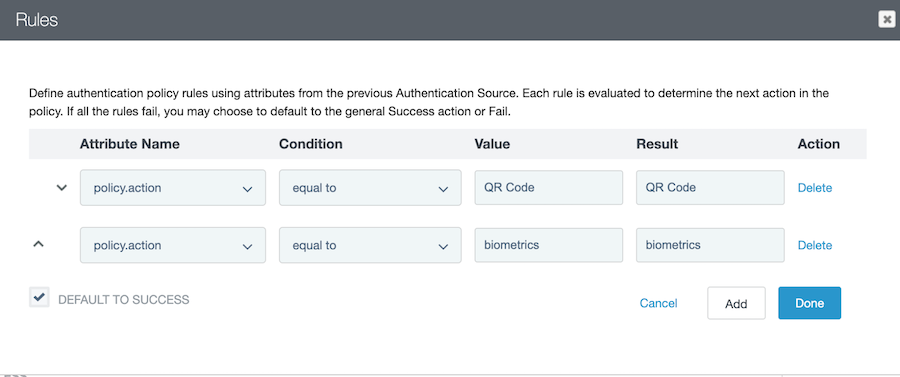 Screen capture of the Rules window showing the policy.action attribute mapped to the biometrics keyword.