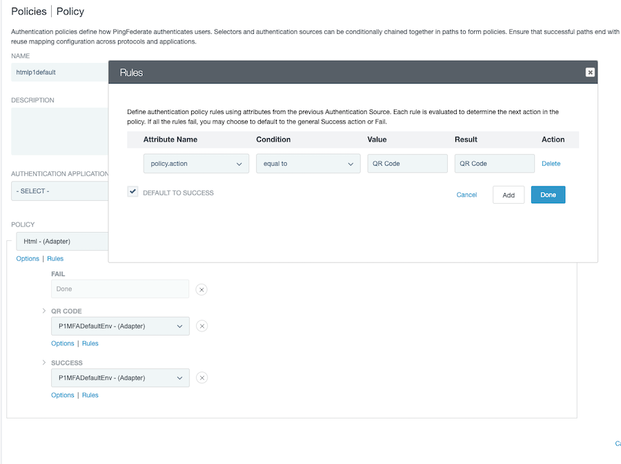 Screen capture of the Policy screen with the Rules window displayed and showing a policy.action attribute defined as "QR Code."
