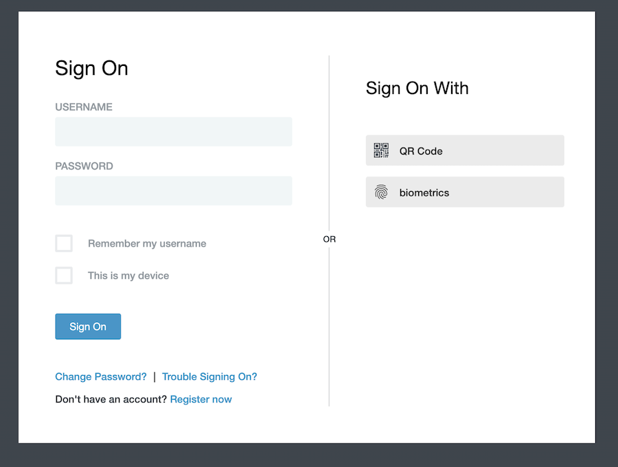 Screen capture of the sign on window showing QR code and biometrics as options under Sign On With.