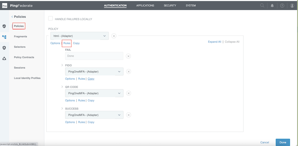 Screen capture of the adapter policy where you should configure policy actions.