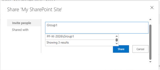Screen capture of a search for group by group name