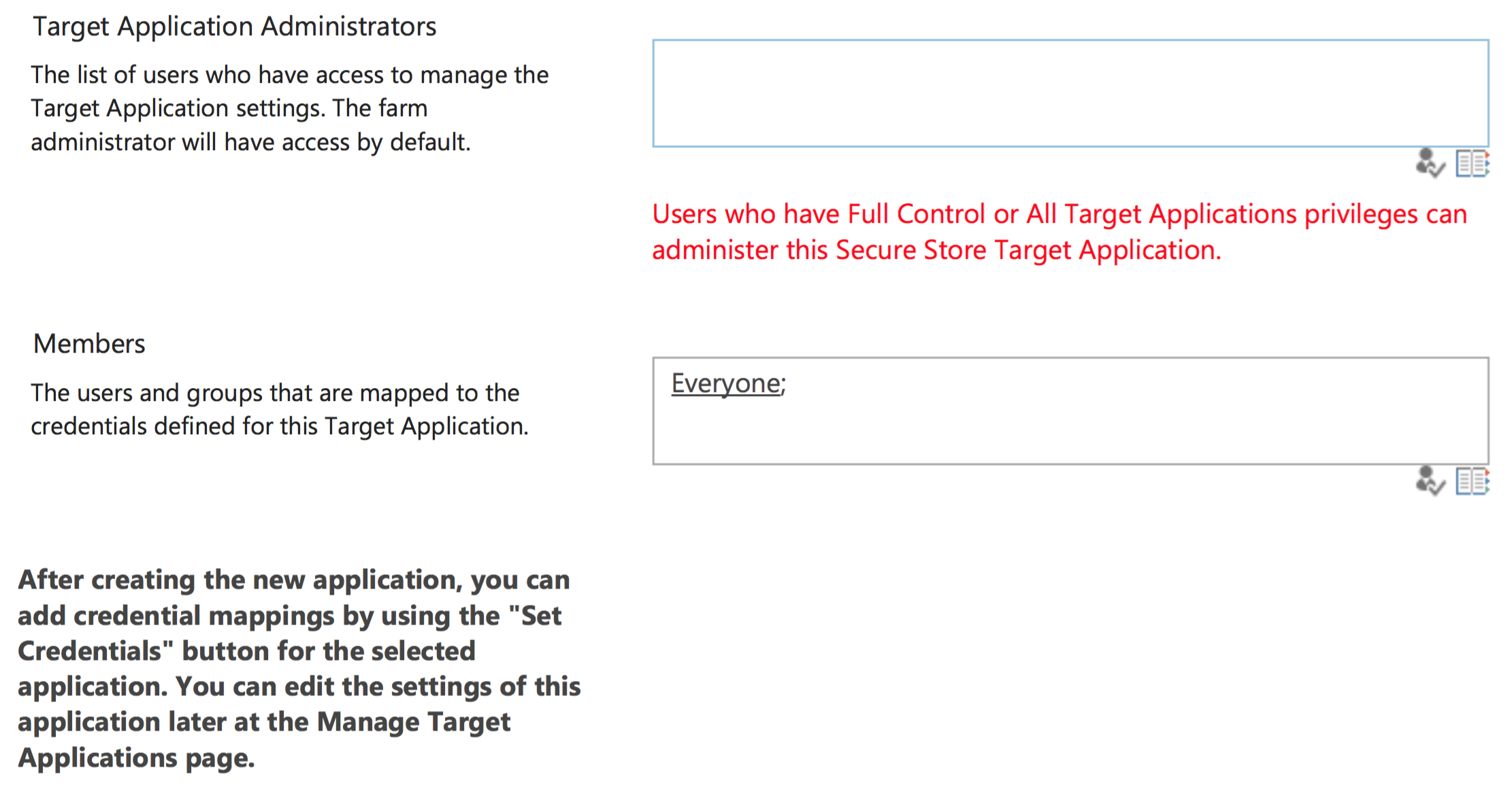 screen capture of target application administrators field