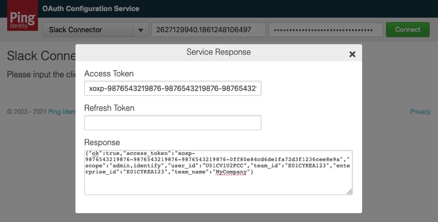 Screenshot showing the Ping Identity OAuth Configuration Service with a modal window titled 