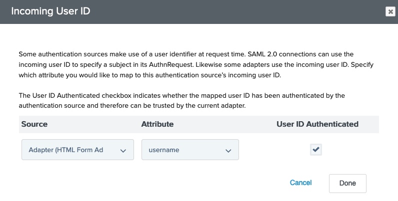 A screenshot that shows the Incoming User ID modal with the user identifier selected.