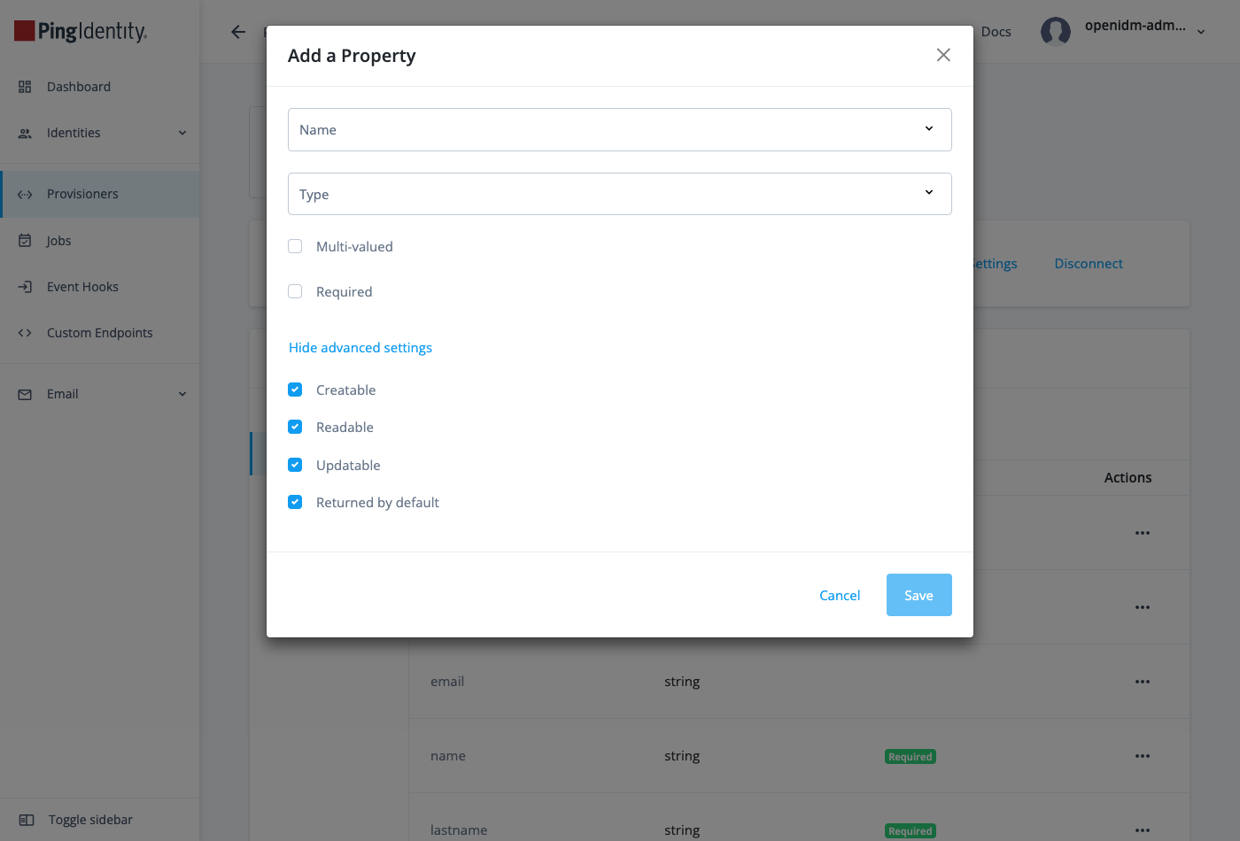 Add a Property modal with advanced settings showing the property flag checkboxes