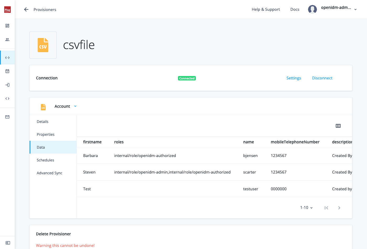 CSV file provisioner with Connected status and Data tab