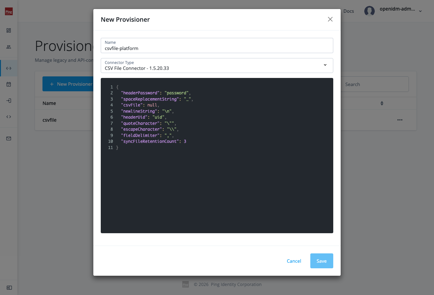 New Provisioner modal with connector configuration JSON